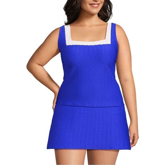 Land's End Plus Size textured Square neck tankini top  electric blue white 1X - Picture 1 of 7